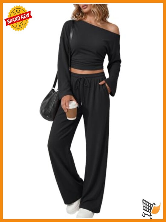 Pants - Women's 2 Piece Lounge Set Cotton Spandex Off Shoulder Ruched Top Wide Leg Pants